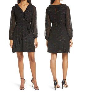 NWT Julia Jordan Rainbow Dot Faux Wrap Long Sleeve Dress Black Size 4